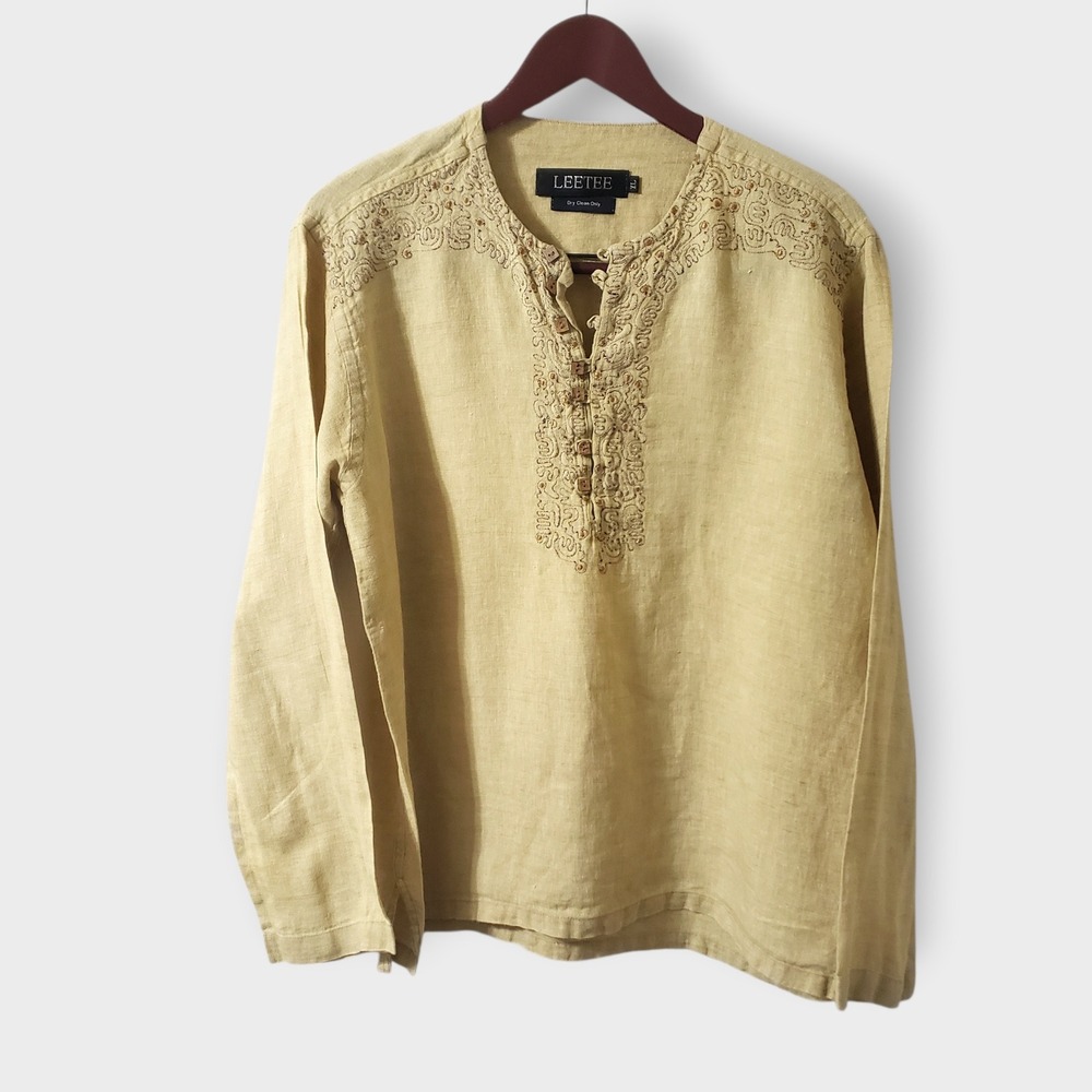 LEETEE Linen‎ Yellow Embroidered Henley Shirt Long Sleeve Boho Tunic XL